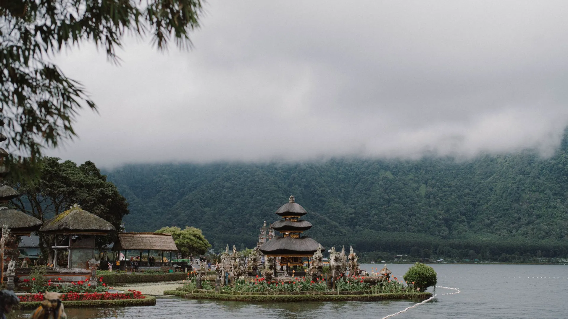 Pura Ulun Danu Beratan on Lake Beratan under low cloud